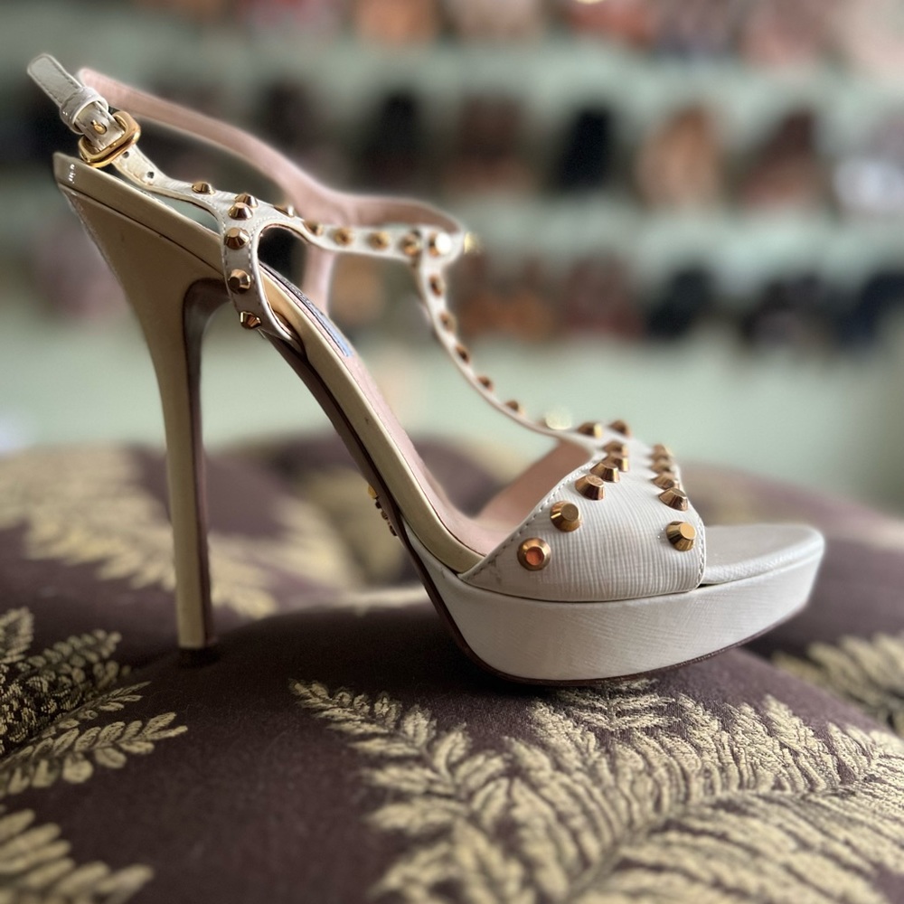 Prada gold stud River rocker white leather sandal heels